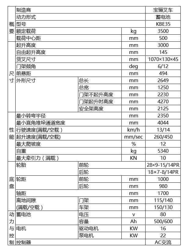 寶驪3.5噸蓄電池平衡重式叉車技術(shù)參數(shù)